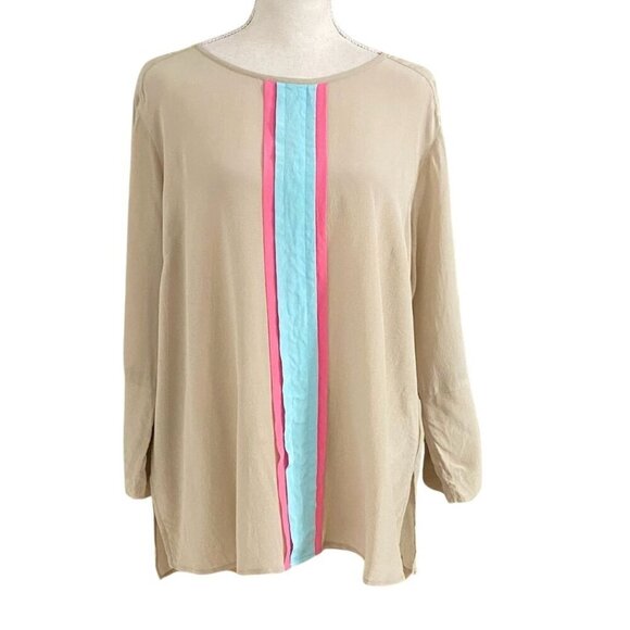 riani Tops - RIANI CHAMPAGNE 100% SILK LONG SLEEVE BLOUSE WITH NEON PINK BABY BLUE STRIPES ST